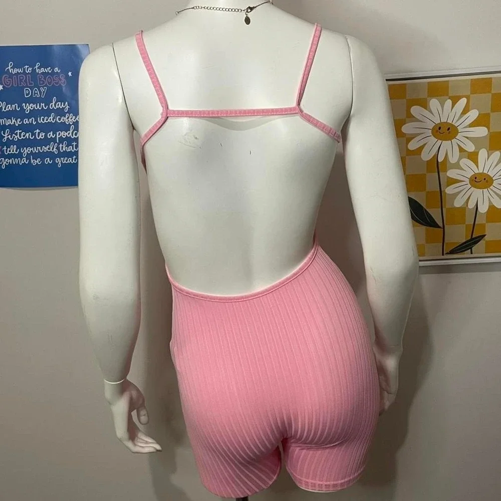 SHEIN SXY Backless Solid Ribbed Knit Cami Unitard Romper. - Picture 2 of 3
